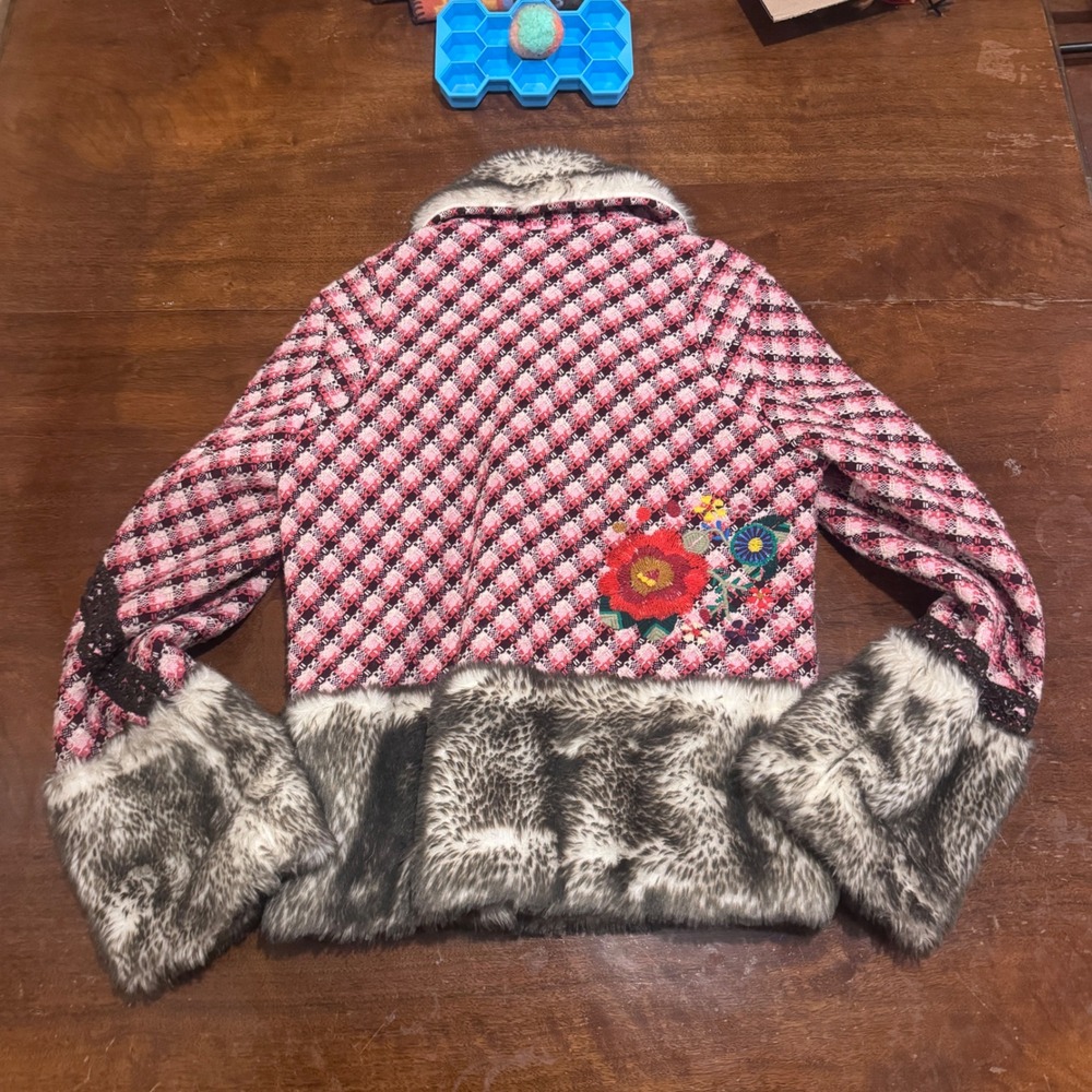 Oilily Plaid & Embroidery Faux Fur Trim Fairy Garden Whimsy Dopamine Jacket 36 - Picture 7 of 9